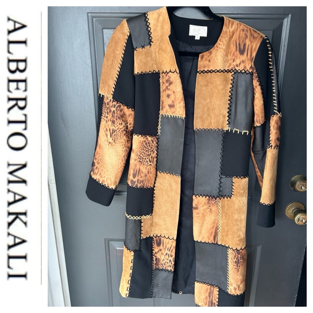 Suede Leather Patchwork Duster Jacket Coat - Picture 4 of 16